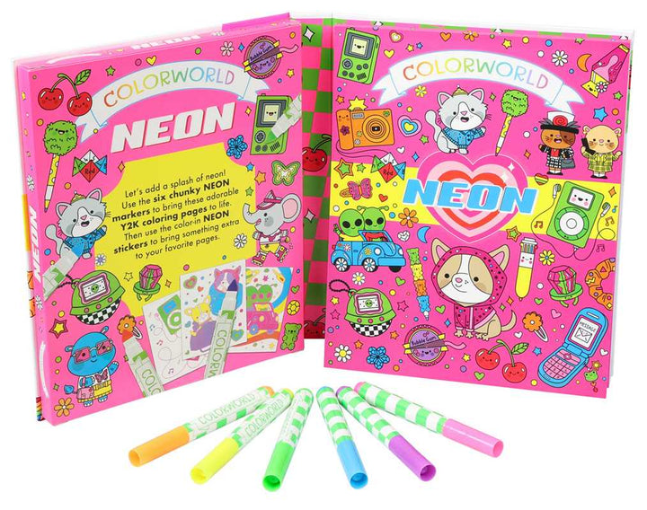Two vibrant children’s activity books titled ColorWorld: Neon by the Editors of Silver Dolphin Books (Simon &amp; Schuster) feature colorful covers surrounded by adorable cartoon animals, stickers, and five neon-colored mess-free coloring markers arranged in front. This all-in-one neon coloring kit is perfect for kids who love creative fun without any mess.