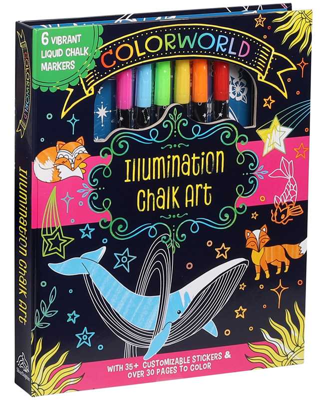 ColorWorld: Illumination Chalk Art by Editors of Silver Dolphin Books, from Simon & Schuster, is a coloring kit for kids featuring 6 vibrant liquid chalk markers, neon stars and animals, and creative drawing activities. The package highlights over 35 stickers and more than 30 midnight blue coloring pages, offering endless fun and artistic exploration.