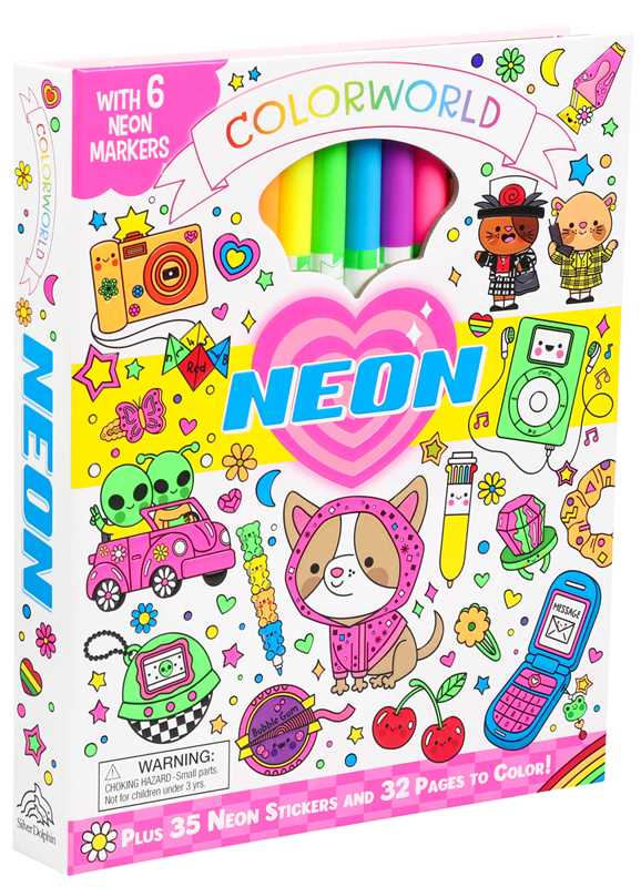 The Simon &amp; Schuster ColorWorld: Neon art kit by Editors of Silver Dolphin Books features a vibrant box with six neon markers, a neon coloring book filled with cute cartoon animals, neon stickers, and fun doodles like cameras, cherries, and a robot. This colorful coloring kit for kids includes a warning about choking hazards for children under 3.