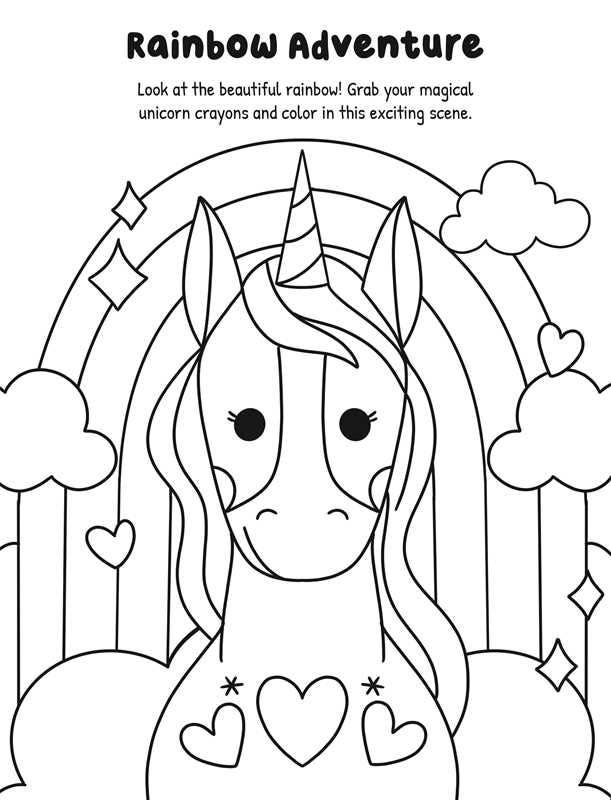 Coloring page featuring a unicorn with a rainbow, clouds, and hearts in the background. The top of the page displays “Rainbow Adventure,” inviting children to bring the scene to life with neon twist-up crayons—an ideal way to add sparkle and fun to your Magical Unicorns Coloring by IglooBooks experience from Simon &amp; Schuster.