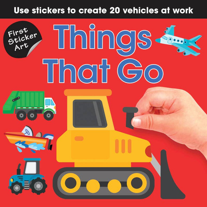 A hand adds a sticker to a bright yellow bulldozer in this lively scene from First Sticker Art: Things That Go by Sourcebooks. Surrounded by trucks, a plane, a boat, and a tractor, kids can use stickers to create 20 different vehicles at work. This fun and colorful sticker book is perfect for young creative play!.