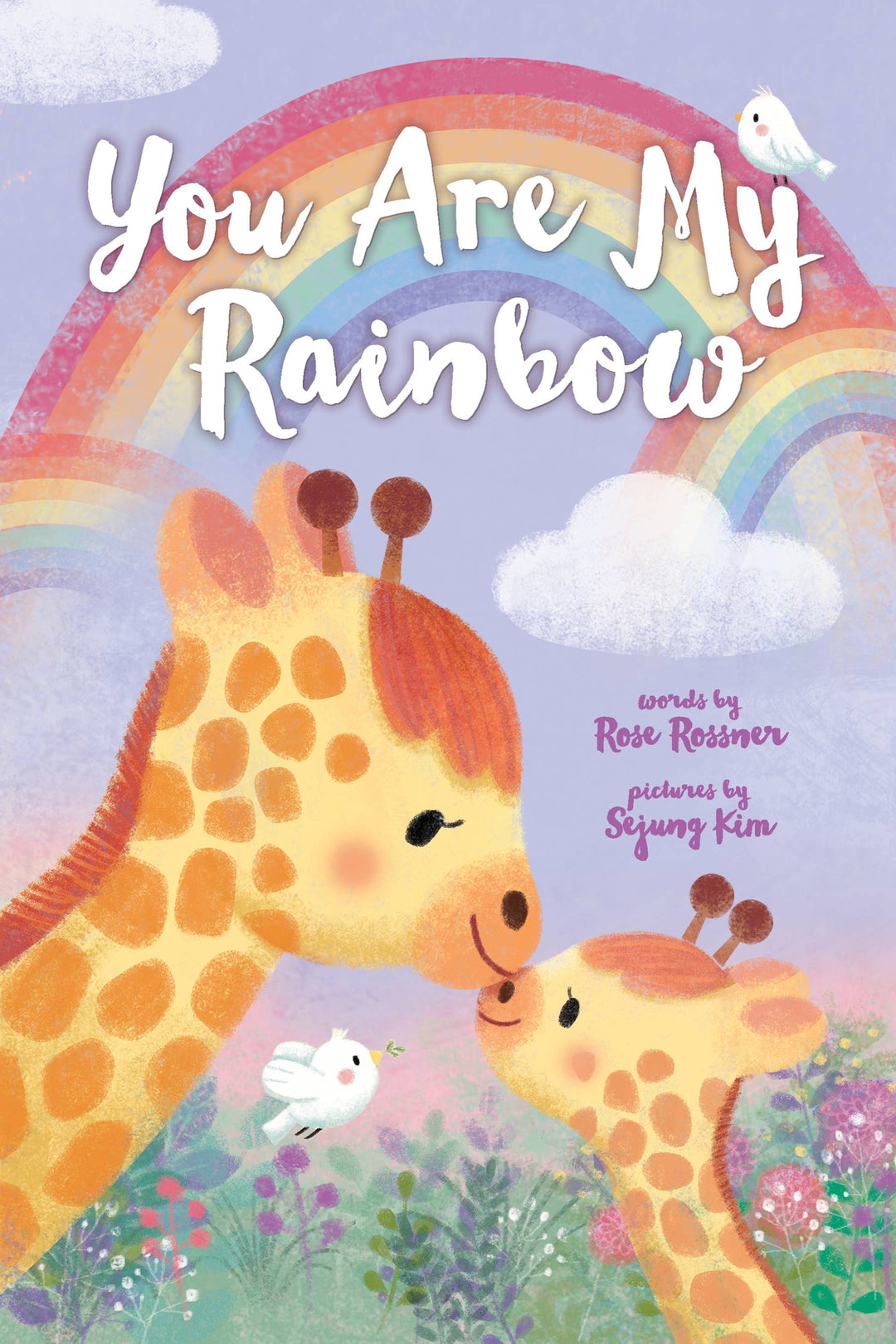 Two giraffes nuzzle under a rainbow in "You Are My Rainbow (BBC)" by Sourcebooks—an inspirational Christian board book with illustrations of clouds, birds, and a purple sky, perfect for baby showers.