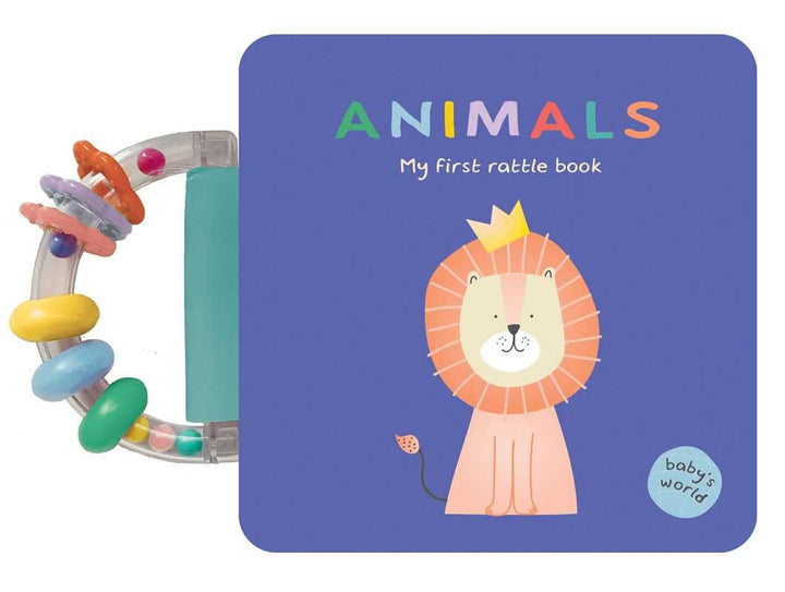 Animals: My First Rattle Book by Simon &amp; Schuster is a baby rattle book featuring a cartoon lion with a crown on the cover and a vibrant rattle handle attached to the left side, designed for sensory play and early learning.