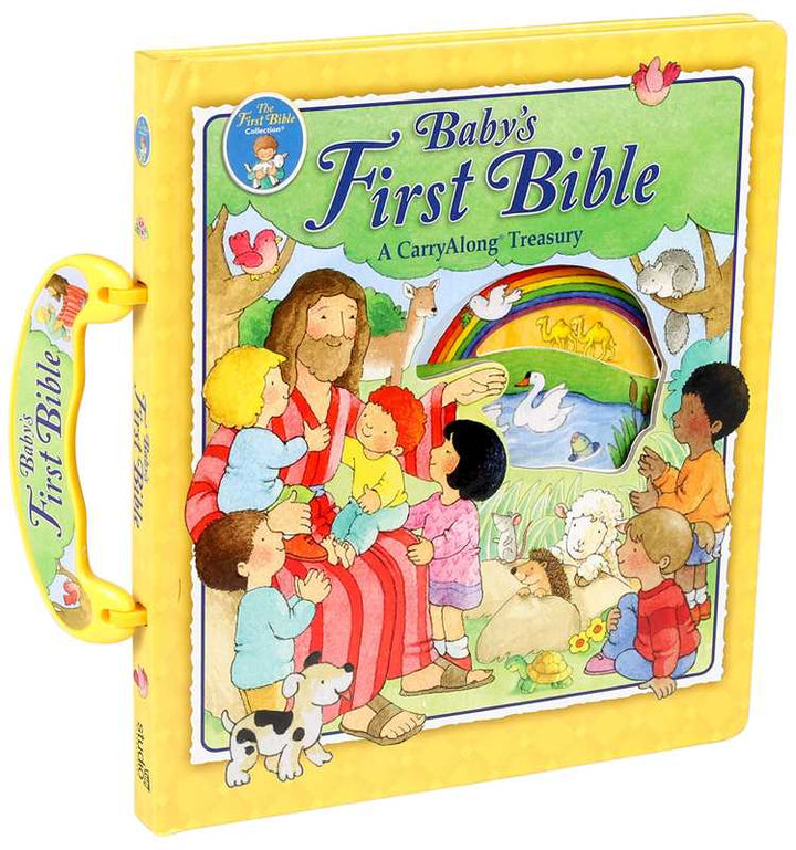 Baby's First Bible CarryAlong by Simon & Schuster features a vibrant cover with Jesus, diverse children, animals, and a rainbow. Its yellow handle makes it the perfect portable Bible for little ones.