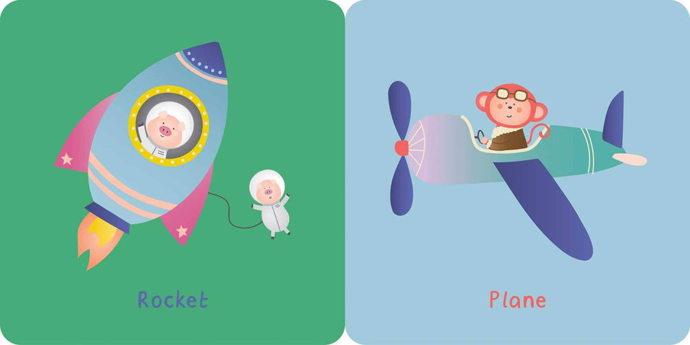 On the left, a pig in a rocket and another pig in a spacesuit blast off together; on the right, a monkey pilots an airplane. The images are clearly labeled "Rocket" and "Plane," making this an ideal illustration from Vehicles: My First Rattle Book by Simon & Schuster—perfect for introducing little learners to vehicles in their first word or board book.