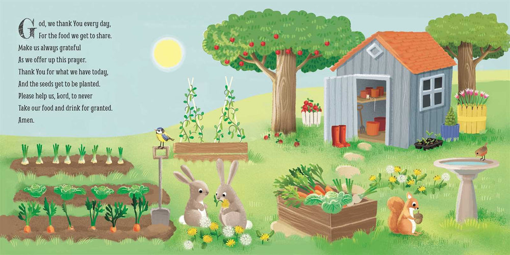 Featuring a lively garden illustration with rabbits, a squirrel, birds, and a shed nestled among vegetable beds, *My First Prayers* by IglooBooks (Simon & Schuster) includes thoughtful text on the left—a prayer of thanks for food that encourages children to cultivate gratitude and remember not to take food and drink for granted. This charming book is ideal for nurturing faith in kids during everyday moments.