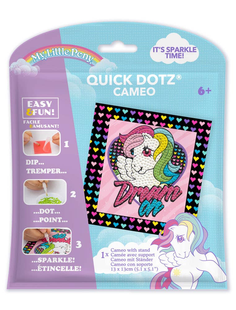 Toysmith's Diamond Dotz MLP Retro - Dream on craft kit for ages 6+ features a colorful My Little Pony with "Dream on" text and heart accents. The package highlights easy steps and includes a pony illustration in the lower right corner.