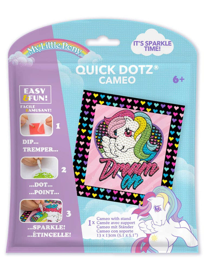 Toysmith's Diamond Dotz MLP Retro - Dream on craft kit for ages 6+ features a colorful My Little Pony with "Dream on" text and heart accents. The package highlights easy steps and includes a pony illustration in the lower right corner.