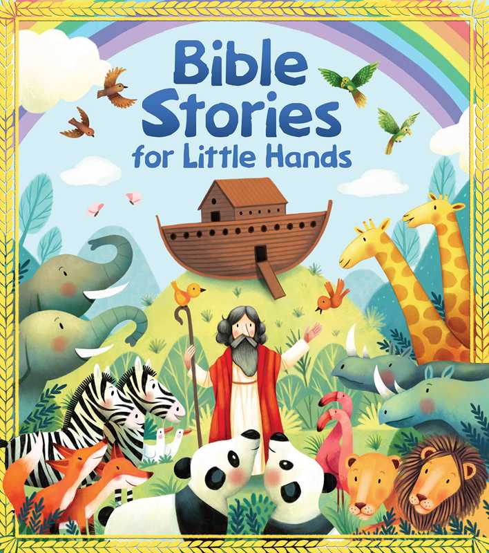 The padded board book "Bible Stories for Little Hands" by Editors of Studio Fun International (Simon & Schuster) features an illustrated cover with Noah, various animals, a rainbow, and the ark—a delightful children’s Bible book.