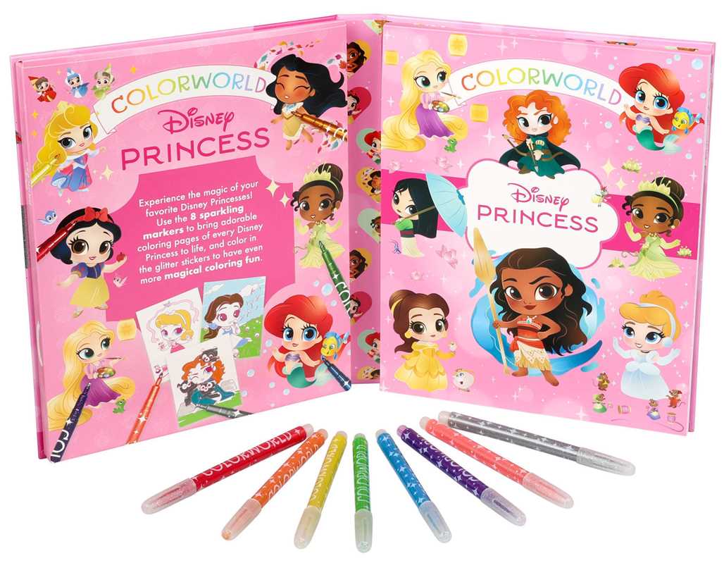 Open the Colorworld: Disney Princess coloring kit by Simon &amp; Schuster, featuring vibrant markers and glitter stickers in front. The cover and pages showcase beloved Disney princess characters on a pink background adorned with stars, hearts, and sparkles.