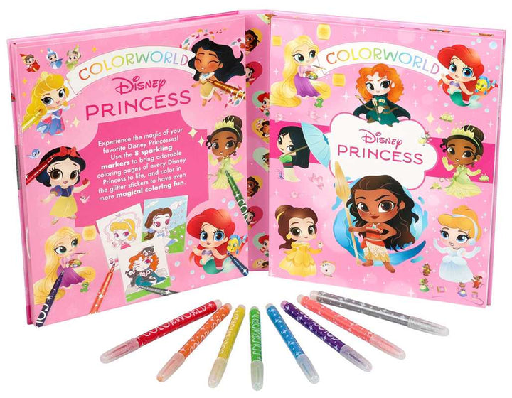 Open the Colorworld: Disney Princess coloring kit by Simon &amp; Schuster, featuring vibrant markers and glitter stickers in front. The cover and pages showcase beloved Disney princess characters on a pink background adorned with stars, hearts, and sparkles.