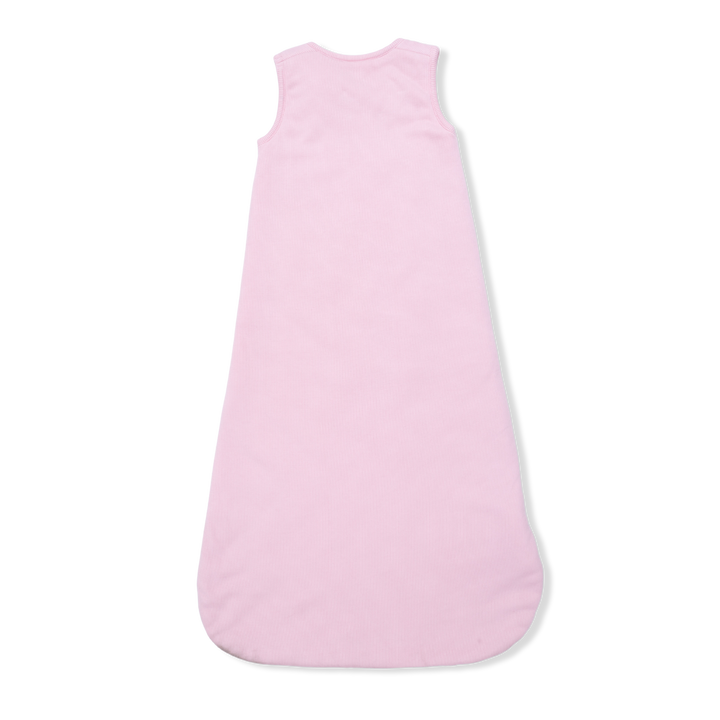 The Angel Dear Solid Romance Rose Rib Sleep Bag is a sleeveless, light pink baby sack in soft ribbed modal, featuring a rounded bottom and shown flat on a white background.