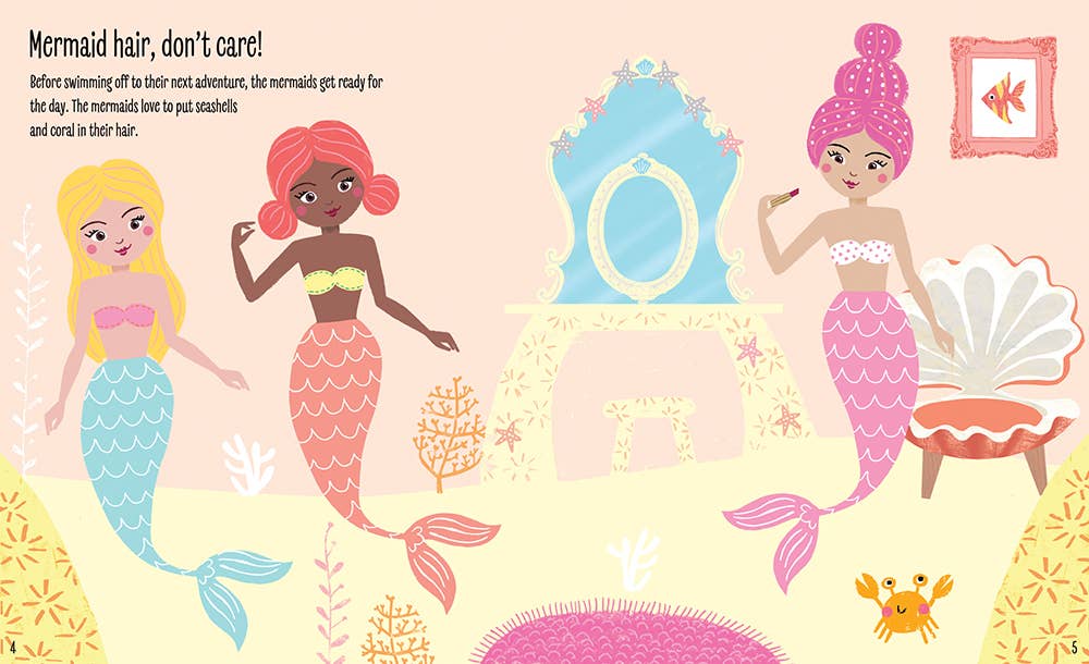 Three mermaids with uniquely colored hair and tails sit in a pastel room decorated with a vanity, shell chair, sea plants, a crab, and a framed fish picture. Text on the left describes how mermaids style their hair with seashells and coral—just like kids can do in Sourcebooks' My Sticker Dress-Up: Mermaids, using reusable stickers to create beautiful underwater looks in this fun sticker activity book.
