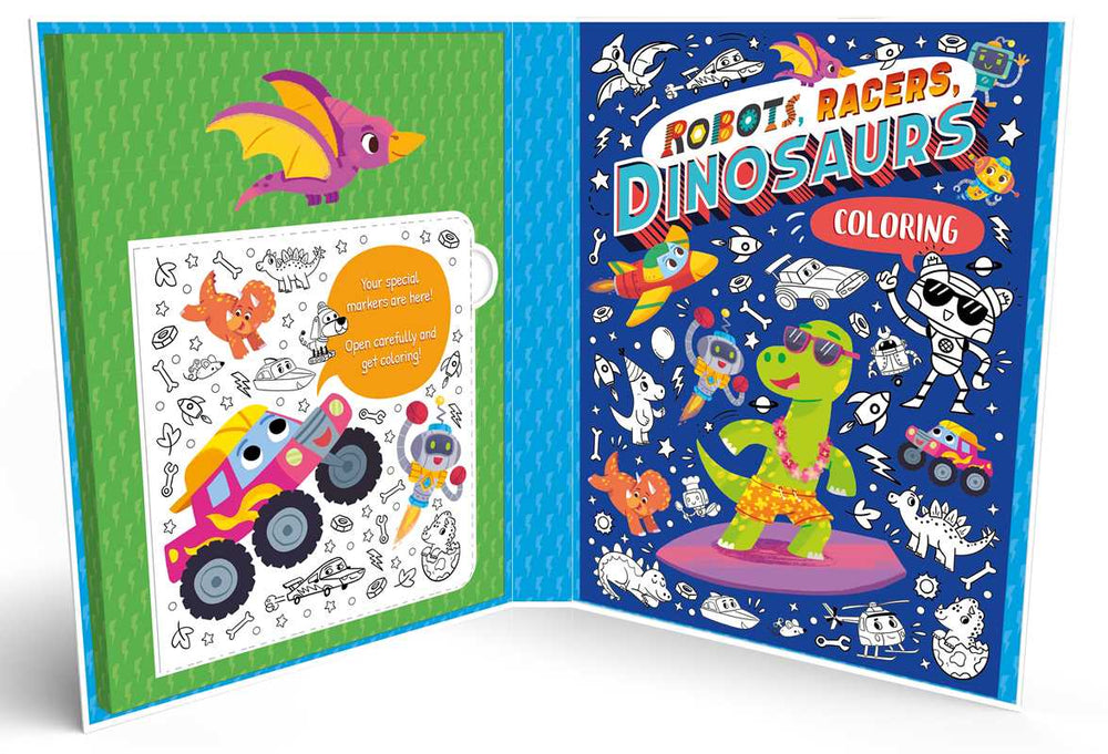The Robots, Racers, Dinosaurs Coloring Set by IglooBooks from Simon & Schuster features an open coloring book with a vibrant blue cover showcasing a dinosaur in sunglasses lounging on a float. Inside, you'll find a page of colorful stickers with playful cars, robots, and a flying dinosaur—perfect for creative kids who love cartoon designs.