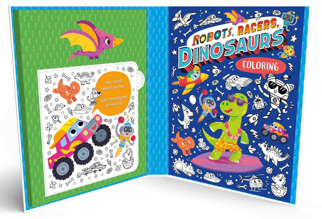 The Robots, Racers, Dinosaurs Coloring Set by IglooBooks from Simon &amp; Schuster features an open coloring book with a vibrant blue cover showcasing a dinosaur in sunglasses lounging on a float. Inside, you&