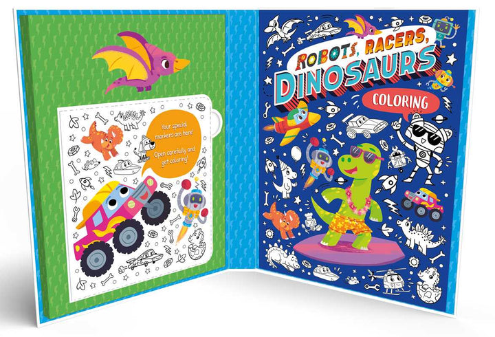 The Robots, Racers, Dinosaurs Coloring Set by IglooBooks from Simon &amp; Schuster features an open coloring book with a vibrant blue cover showcasing a dinosaur in sunglasses lounging on a float. Inside, you&