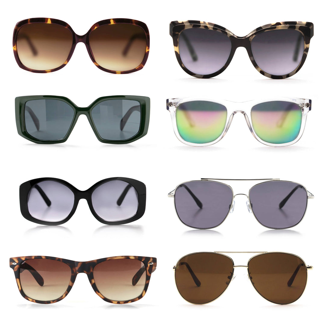 Eight pairs of Optimum Optical Sunglasses by DM Merchandising—featuring UV-protected lenses in tortoiseshell, black, green, clear, and aviator styles—are arranged in two columns and four rows on a white background.