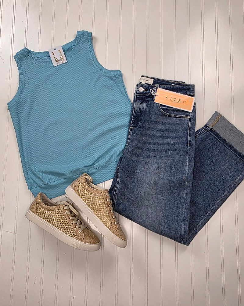 Ayla Ribbed Sleeveless Top with Banded Hem