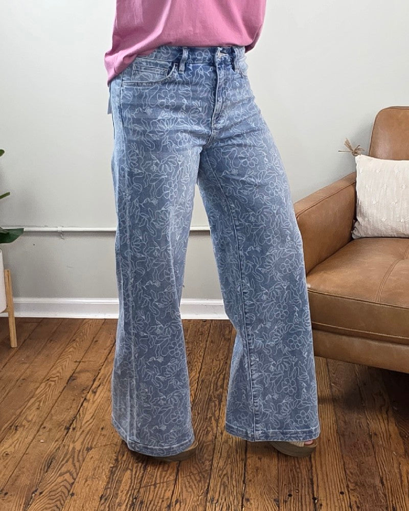 Briella Floral Print, High Rise, Wide Leg Jeans from Vervet