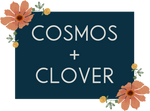 Dark blue rectangle with the words COSMOS + CLOVER in large white text, decorated with orange cosmos flowers and small yellow clover blossoms in the corners.