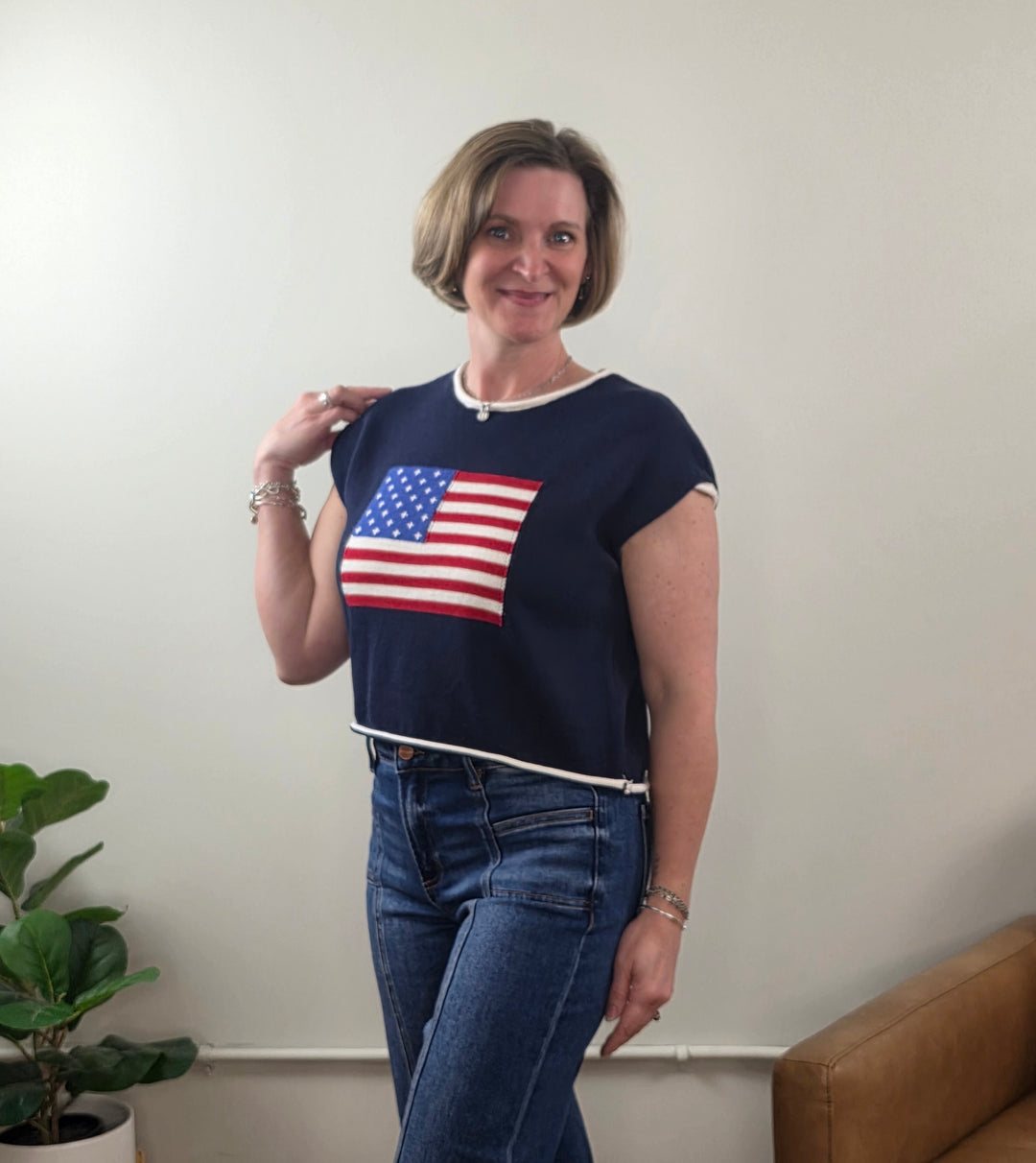 Flag Knit Short Sleeve Top