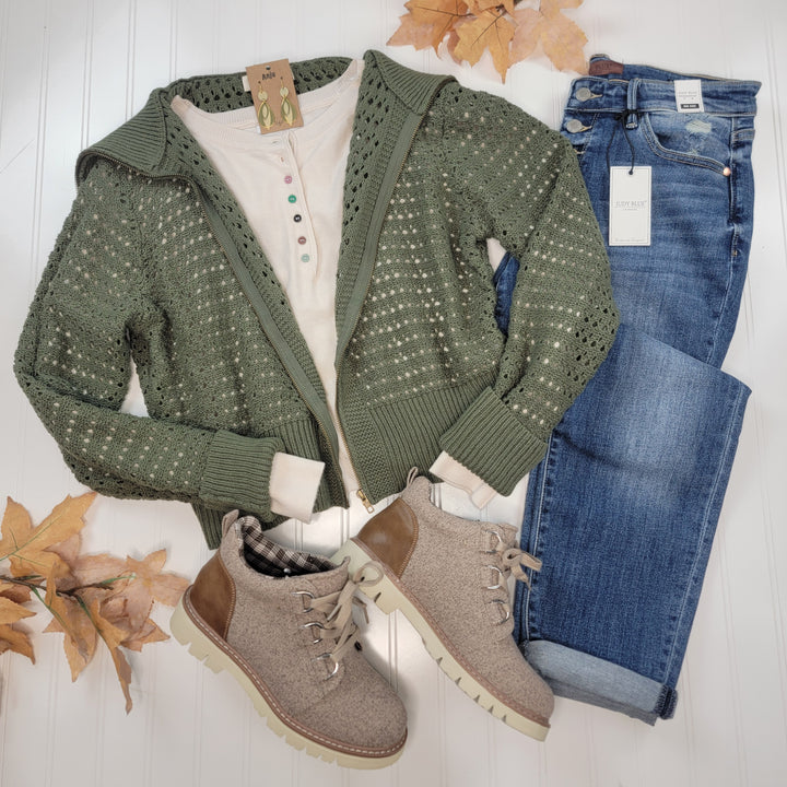 Neriah Zip Front Knit Sweater with Fold Over Collar