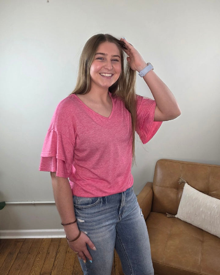 Kia V-Neck Ruffle Sleeve Top