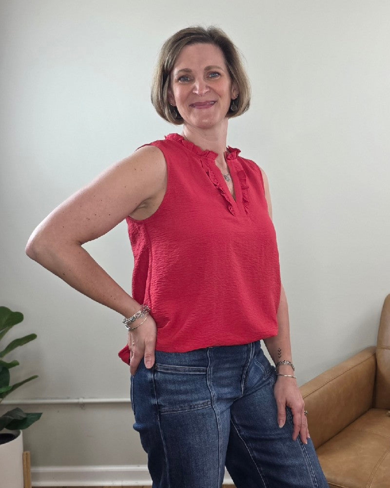 Lincoln Ruffled V-Neck Sleeveless Top