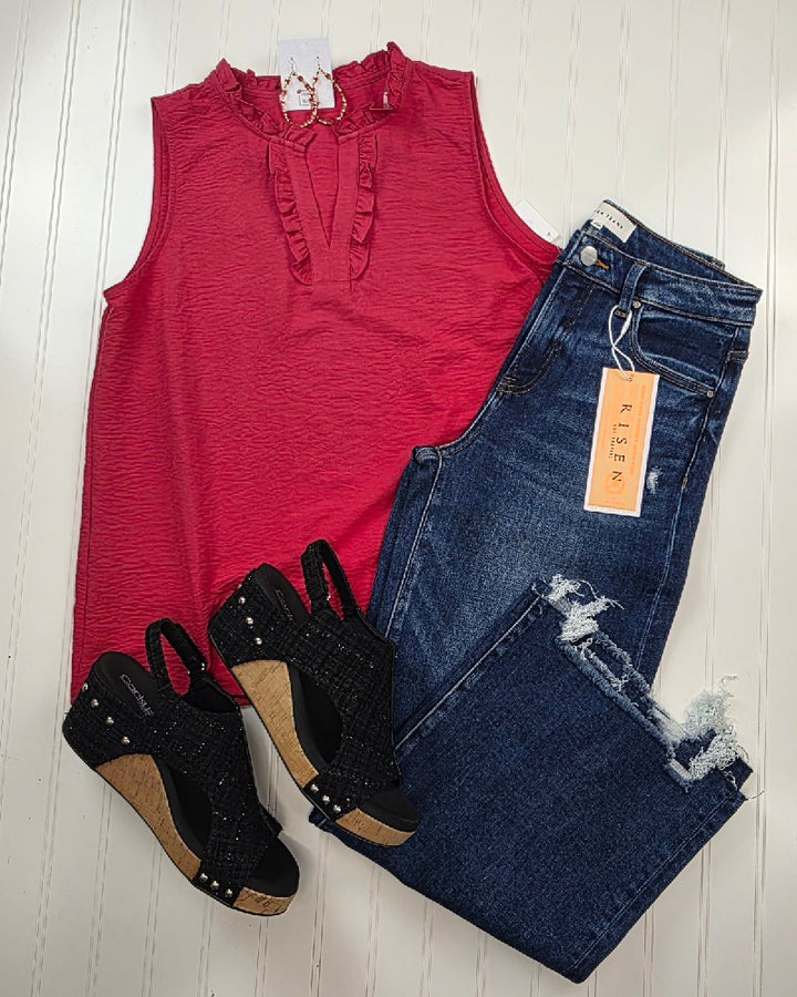 Lincoln Ruffled V-Neck Sleeveless Top