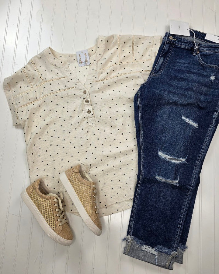 Marin Polka Dot Lace Trim Button Top