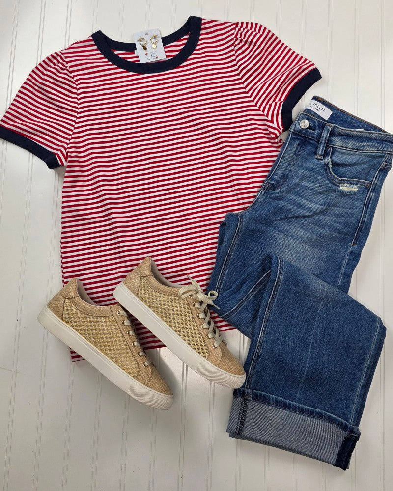 Martha Color Trimmed, Short Sleeve, Striped Top