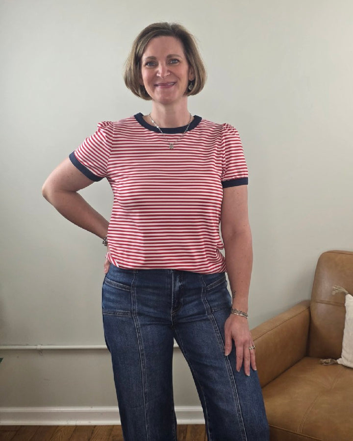 Martha Color Trimmed, Short Sleeve, Striped Top