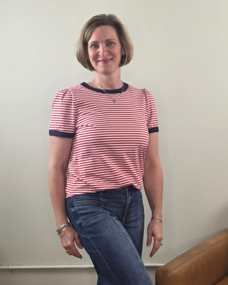 Martha Color Trimmed, Short Sleeve, Striped Top