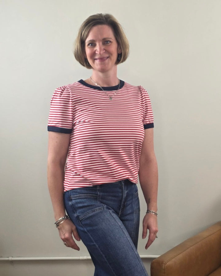 Martha Color Trimmed, Short Sleeve, Striped Top
