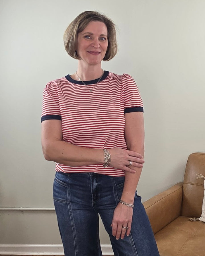 Martha Color Trimmed, Short Sleeve, Striped Top