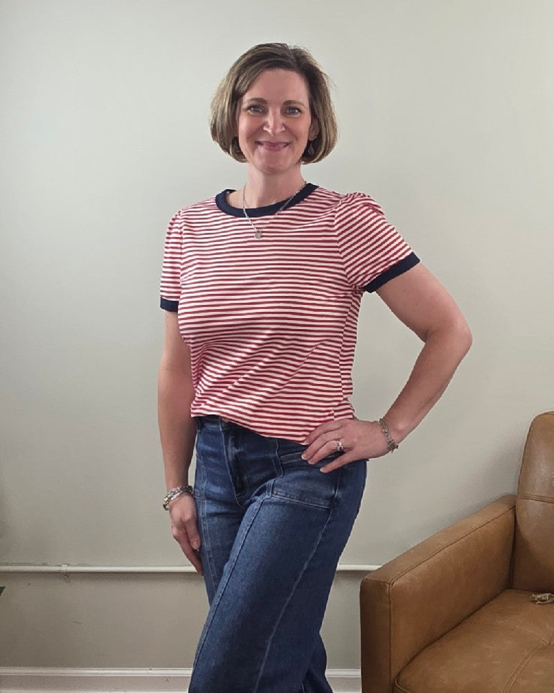 Martha Color Trimmed, Short Sleeve, Striped Top