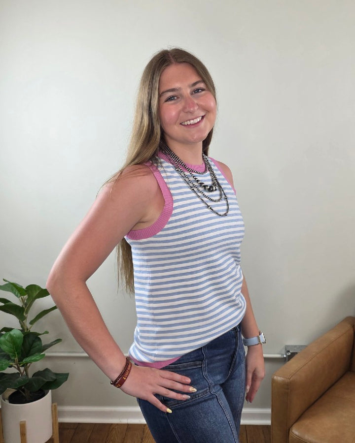 Maybelle Color Contrast, Striped, Sleeveless Knit Top