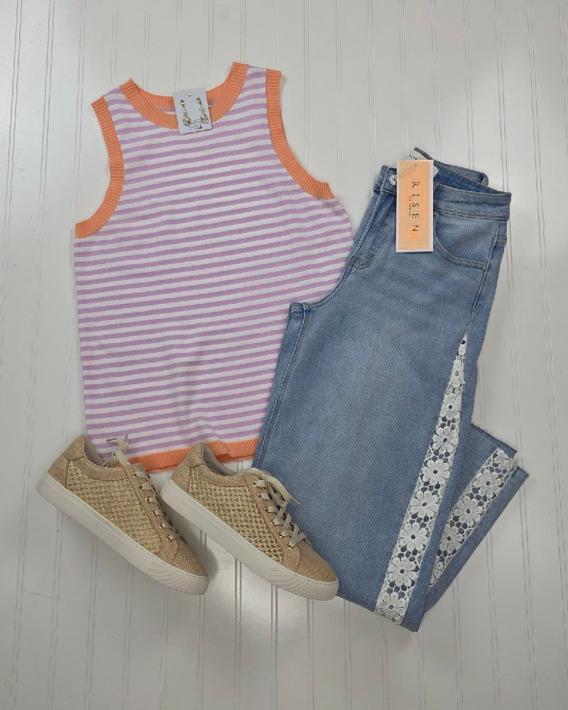 Maybelle Color Contrast, Striped, Sleeveless Knit Top