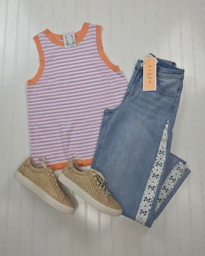 Maybelle Color Contrast, Striped, Sleeveless Knit Top