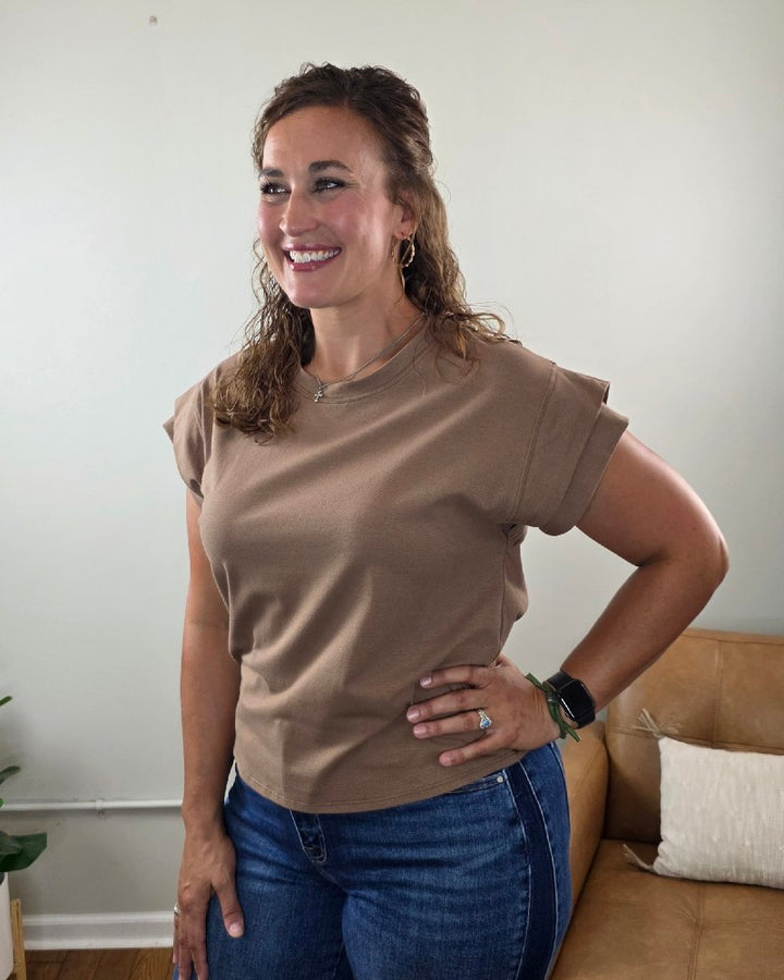 Neriah Short Sleeve Mocha Top with Layered Sleeve