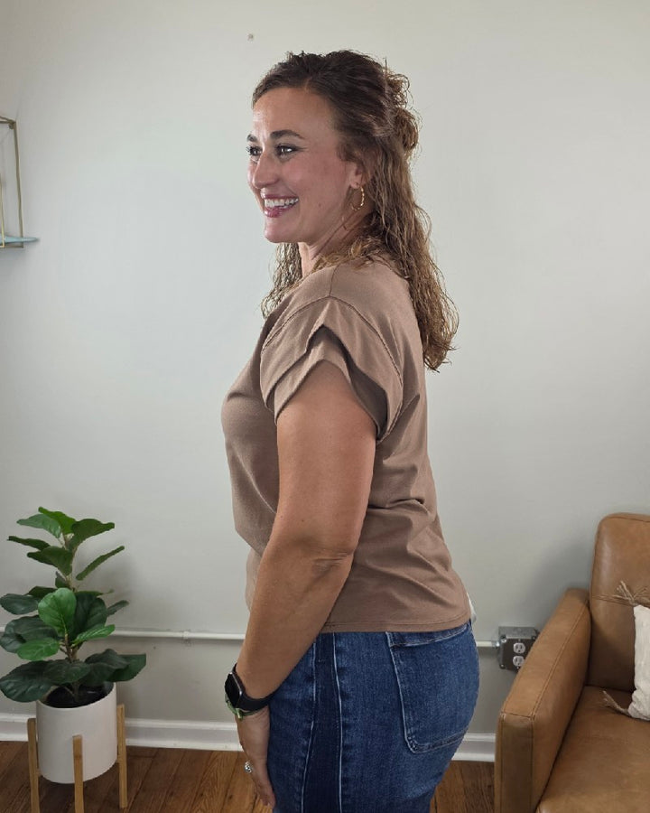 Neriah Short Sleeve Mocha Top with Layered Sleeve