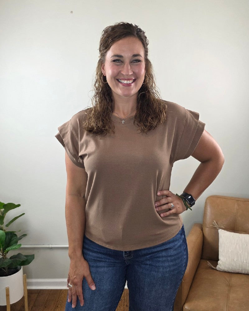Neriah Short Sleeve Mocha Top with Layered Sleeve