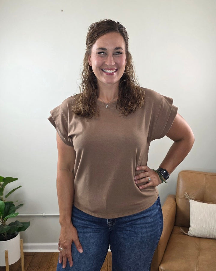 Neriah Short Sleeve Mocha Top with Layered Sleeve