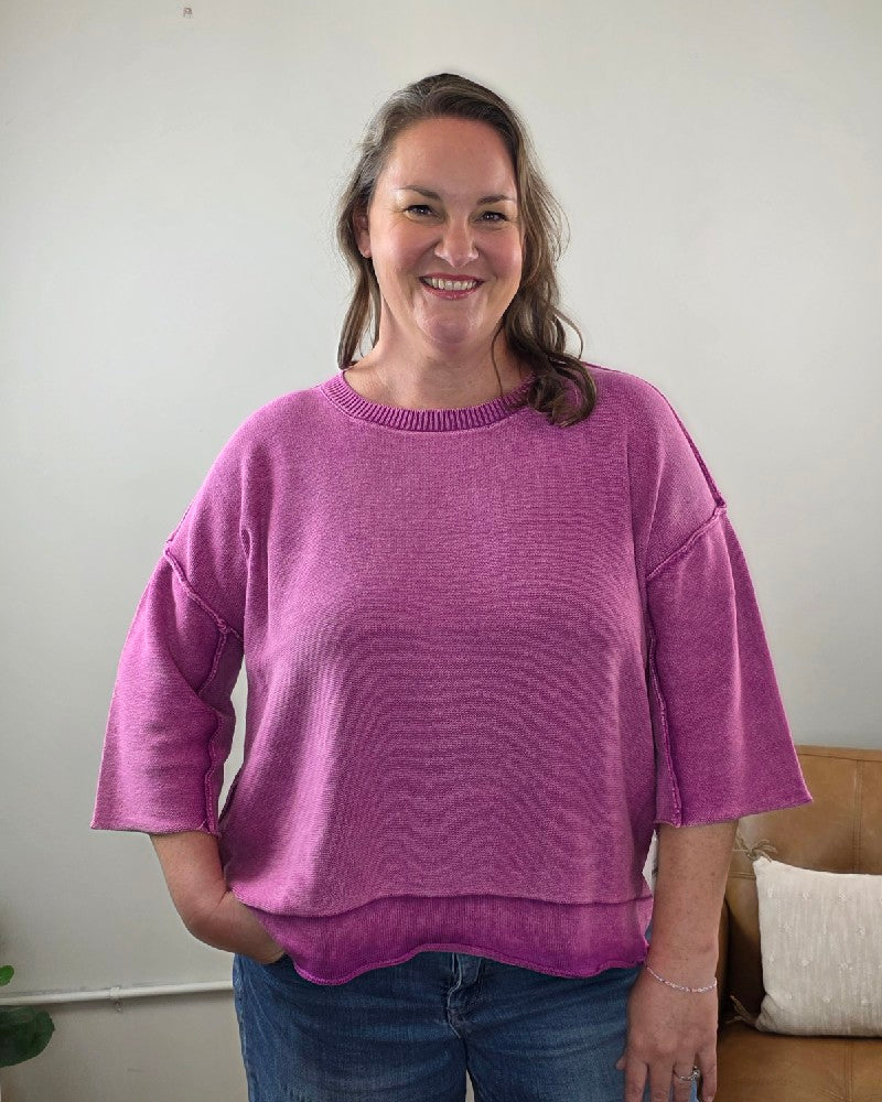 Stacey 3/4 Sleeve Sweater With Exposed Seams