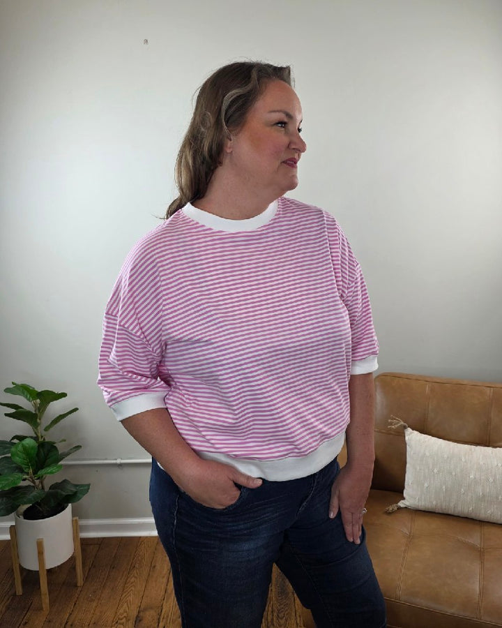 Sylvia Striped Contrast Trim Rib Banded Top