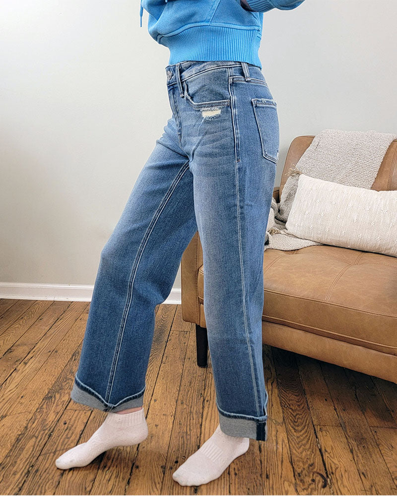 Delicate Gleam Cuffed Slim Wide Leg Jeans from Lovervet