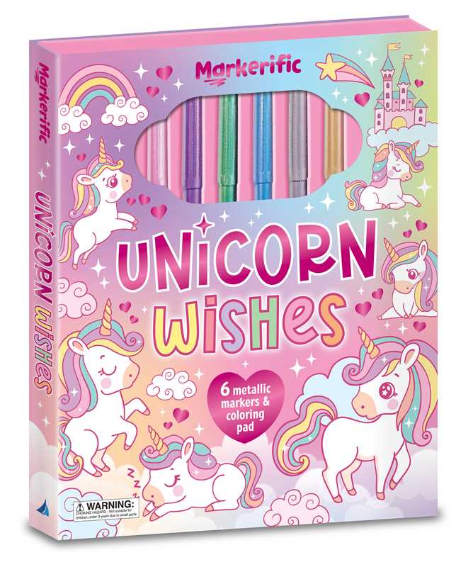 The Markerific: Unicorn Wishes kids coloring pad by Simon & Schuster comes in pastel colors and includes 6 metallic markers. The box features unicorns, rainbows, stars, and a castle, with text that reads “Markerific” and “6 metallic markers & coloring pad.”.