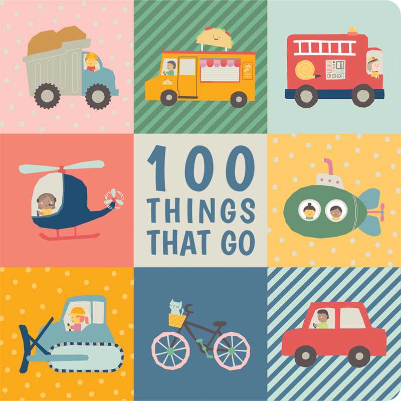This vibrant vehicle board book, 100 Things That Go by Simon & Schuster, features a colorful grid of illustrations showcasing various vehicles such as a dump truck, food truck, fire truck, helicopter, submarine, bulldozer, a bicycle with a cat rider, and a red car. The center text reads "100 THINGS THAT GO." It’s the perfect first vehicle and transportation book for toddlers who love things that go!.