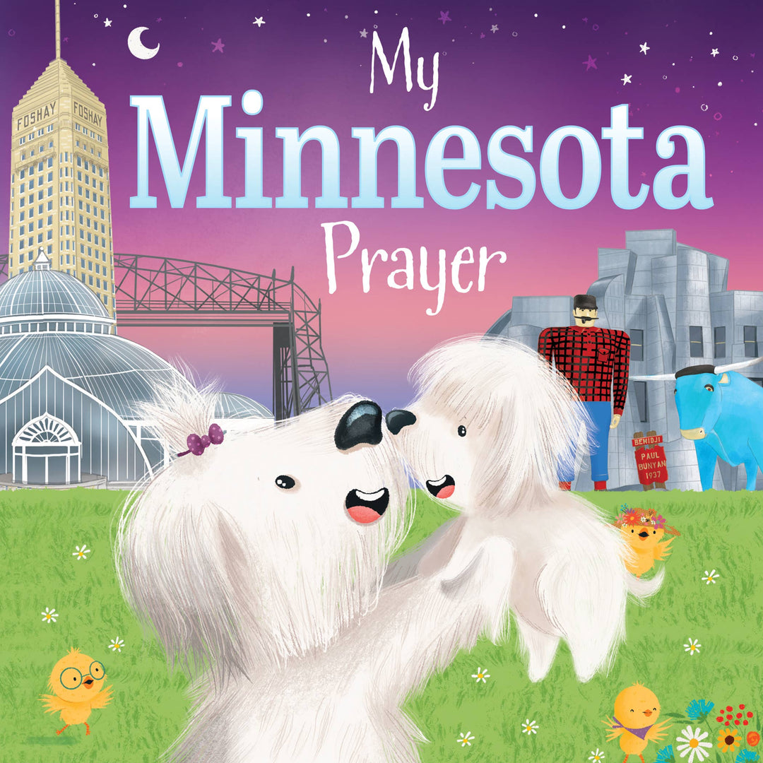 Illustration of two white fluffy dogs playing on grass with Minnesota icons like Foshay Tower, Paul Bunyan, a blue ox, and a conservatory. "My Minnesota Prayer" by Sourcebooks is a perfect baby gift or for fans of the My Prayer regional series.