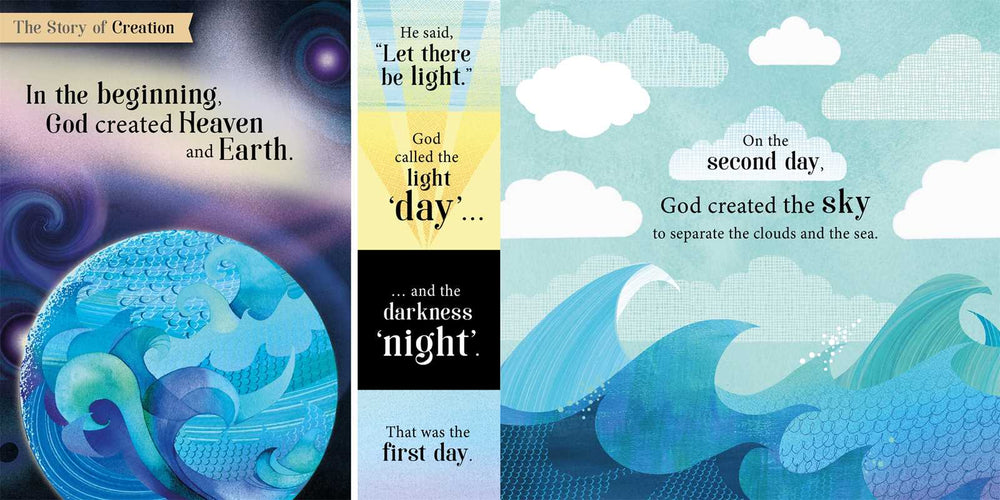 With vibrant illustrated pages, My First Bible Stories by IglooBooks (Simon & Schuster) brings the biblical story of creation to life—swirling blues portray Earth and sea as the text describes God creating light, day, night, sky, clouds, and sea on the first and second days. Ideal for those looking for Bible stories for kids, this children’s Bible book makes classic tales engaging and accessible.